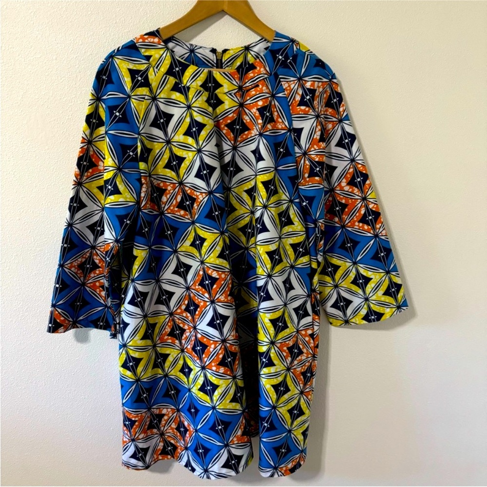 The Oula Company 3/4 Sleeve Shift Dress Blue - Orange - Yellow Geometric Print